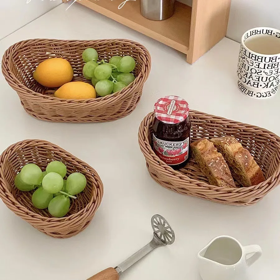 Simulation Rattan Woven Fruit Basket Serving Baskets Handmade Oval Vegetable Storage Basket Display Kitchen Tabletop Basket