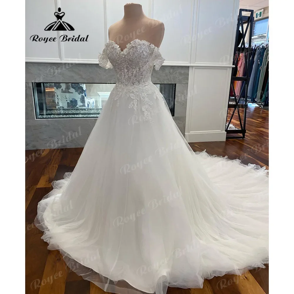 Una linea al largo della spalla pizzo floreale principessa manica ad aletta abito da sposa 2025 Robe Mariee abiti da sposa per la sposa vestido de novia