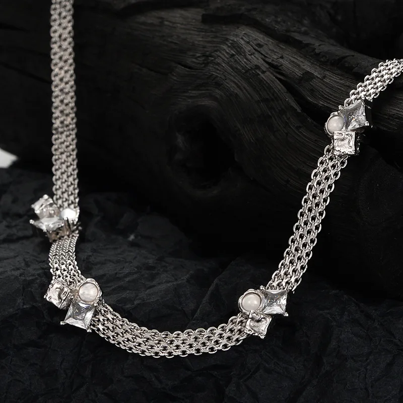 Heavy Duty Onyx Necklace Handmade, S925 Sterling Silver Diamond Inlaid Short Collarbone Chain