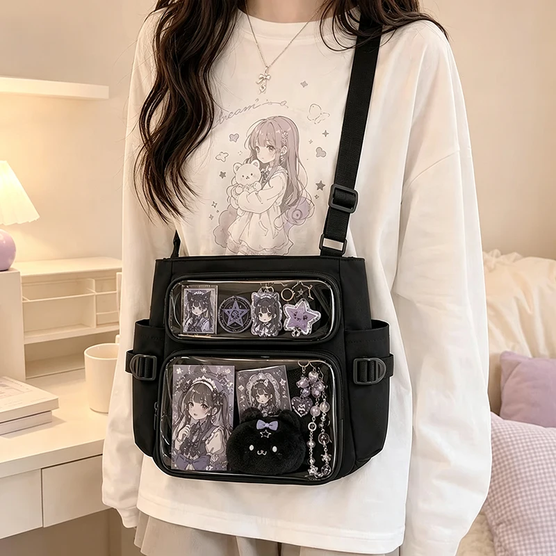 Transparente Ita-Umhängetasche mit Sichtfenster, mehreren Taschen und verstellbarem Riemen, niedliche Messenger-Tasche – Detail 15