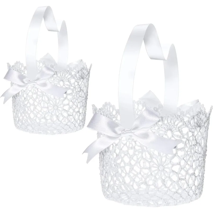 Flower Girl Basket Set of 2 White Wedding Flower Baskets with Satin Bowknot and Handle for Wedding Ceremony Petals Confetti Gif