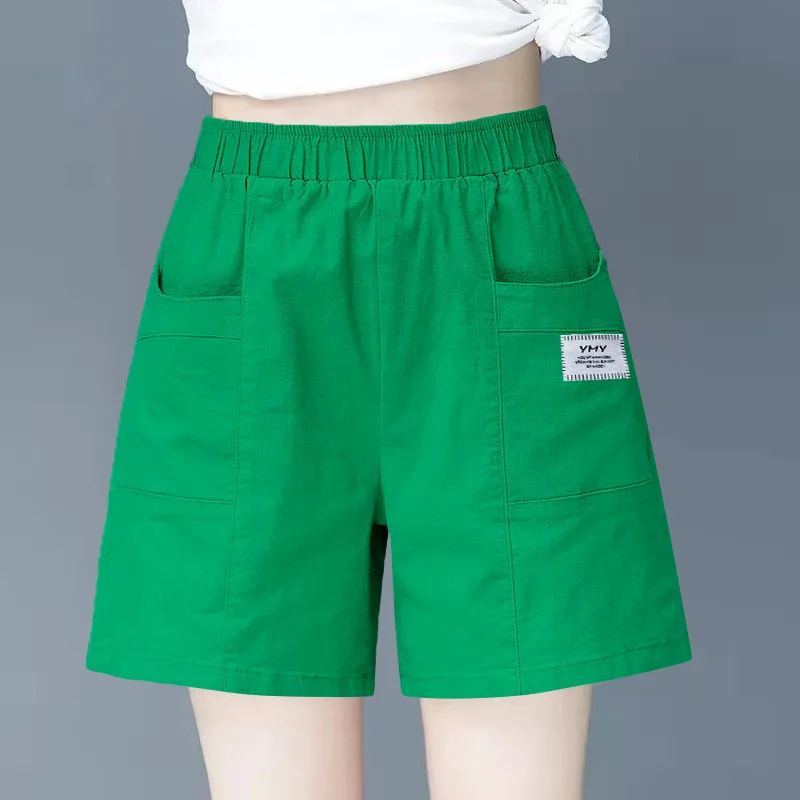 

Women Summer Fashion Solid Color Cotton Shorts Pocket Elastic Waist Wide Leg Pants Female Casual Large Size Loose Sports Capris