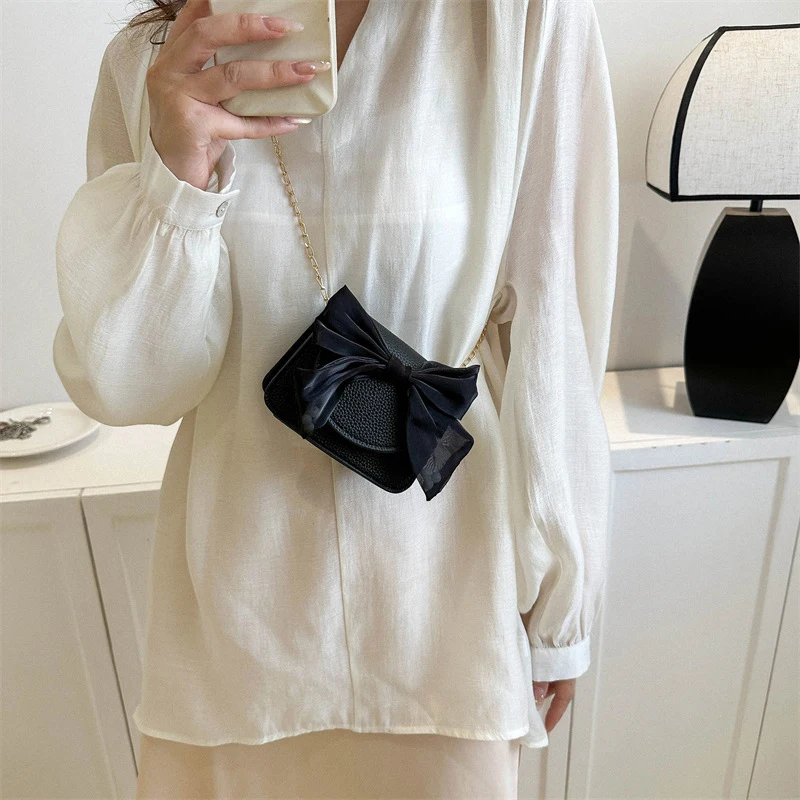 Fashion Elegant Big Bow Design PU Leather Women Shoulder Crossbody Bag Simple Casual Small Square Bag