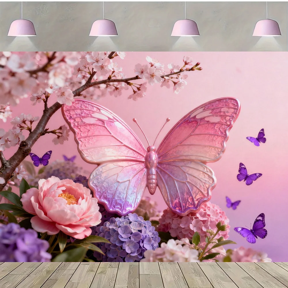 Floral Butterfly Garden Happy Birthday Vinyl Backdrop Background with Flower Arrangements Butterflies Nature Photography Studio