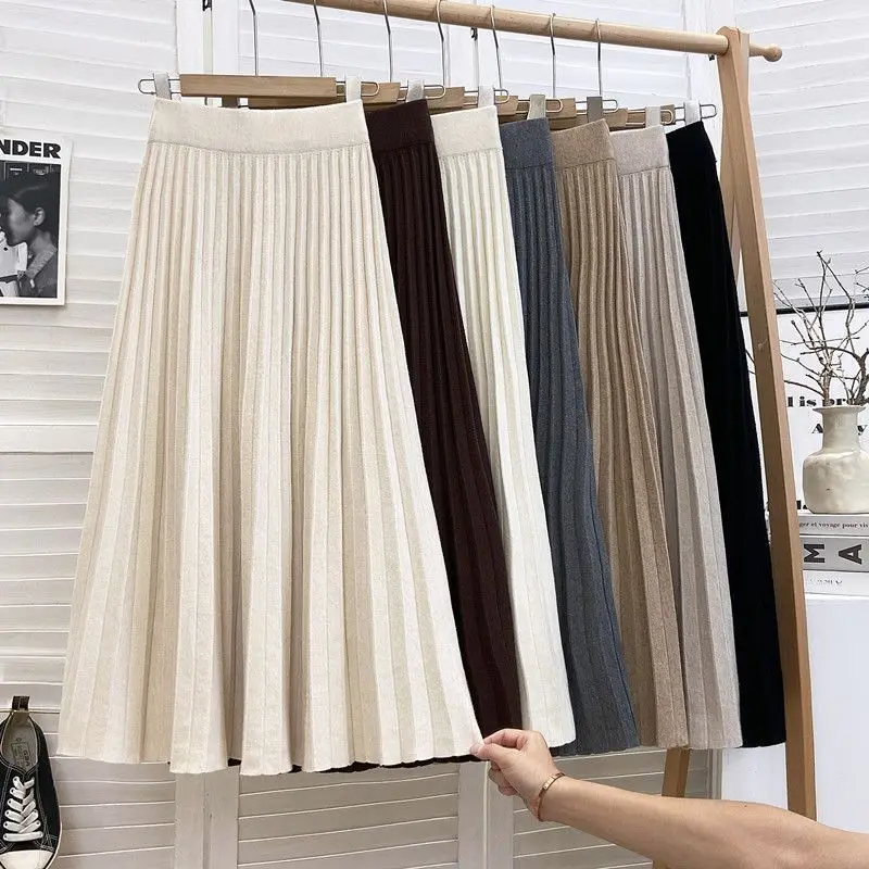 ارتفاع الخصر ألف خط محبوك تنورة صغيرة المرأة الخريف الشتاء فضفاض التخسيس ميدي تنورة الطابق طول تغطي الورك نمط أنيق #2