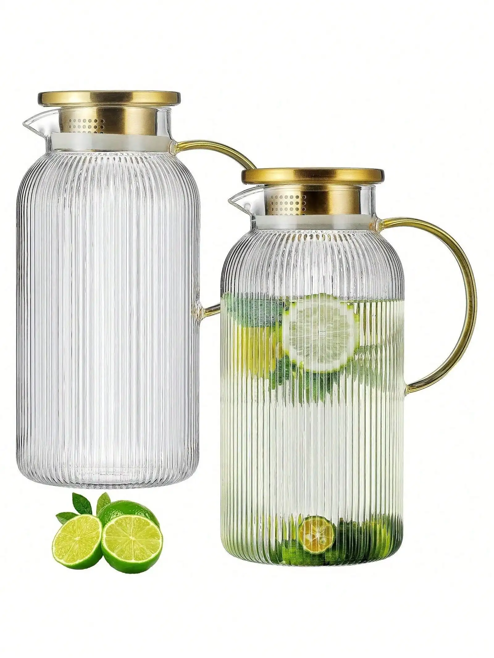50 oz Glass Carafe Set with Lid, Heat Resistant, Vertical Stripe Pitcher, Beverage Dispenser, 2 Pcs, Gift