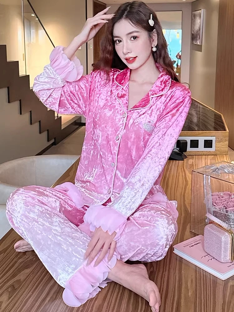 Conjunto de Pijama de Terciopelo Rosa Victoria Swan con Relleno en el Pecho, Ropa de Casa para Primavera, Uso en Exteriores, Cárdigan Suave de Manga Larga