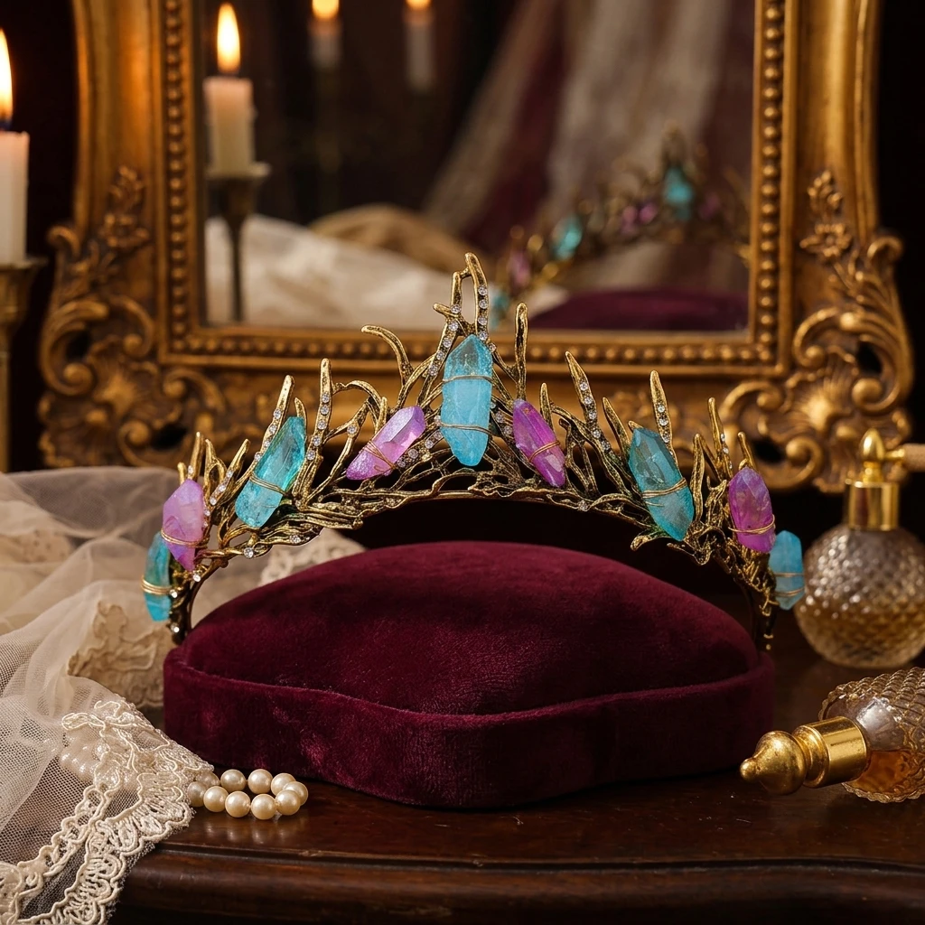 Baroque Vintage Natural Stone Flame-Crown Headpiece for Weddings and Formal Events