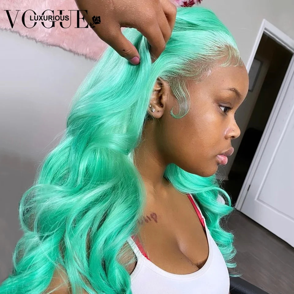 Mint Green Colored Human Hair Wigs Body Wave 13x4 HD Lace Frontal Wig 30 Inch Straight Lace Front Wigs for Women Pre Plucked