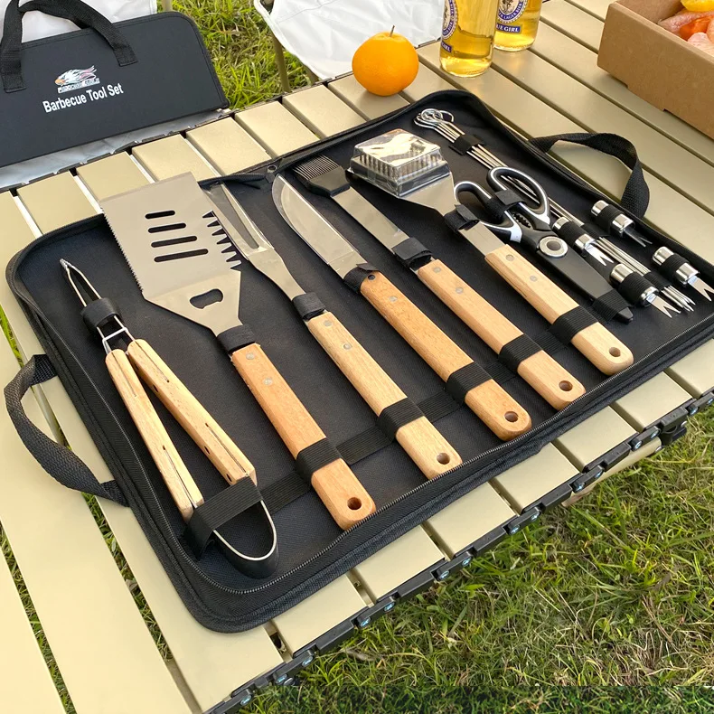 Outdoor Camping Barbecue Tool Combination Set Wooden Handle Fork Shovel Clamp BBQ Accessories Stainless Steel Baking Set