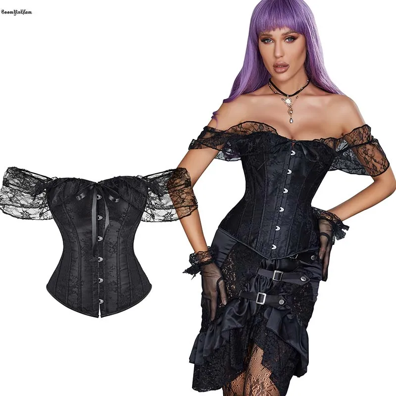 

Plus Size S-6XL Women Floral Overlay Lace Up Pleated Corset Top Burlesques Gothic Corselet With Sleeve