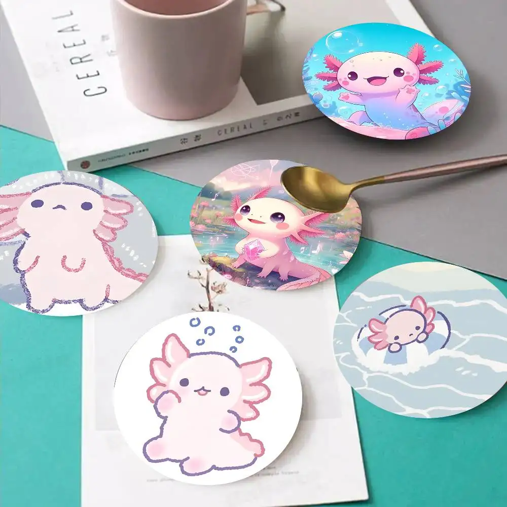 1pc C-Cute Pink A-xolotl Cartoon Graphic Wooden Coaster Colour Printing Cup Mat Home Desk Decoration Gifts