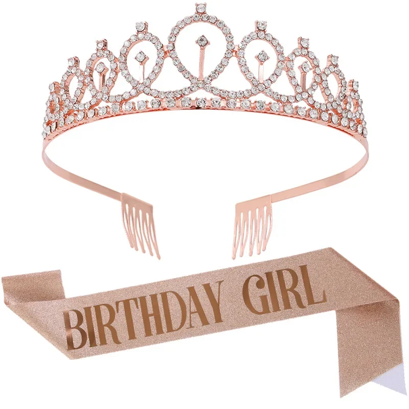 

Birthday Girl Bling Rhinestone Crystal Crown Tiara Set Birthday Queen Shoulder Strap Sash Girl Birthday Party Decorations Favors