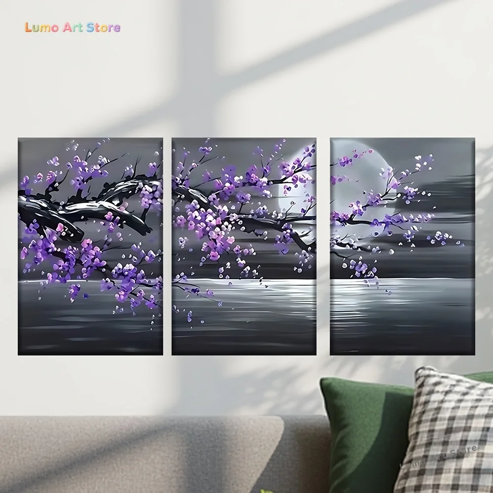 3pcs/set, Canvas Painting--Unframed, a Painting of a Tree with Purple Flowers, Posters and Prints, Living Room, Office, Bar,