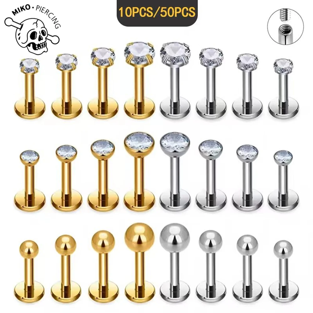 10/50PCS G23 Ttianium Piercing 2/2,5/3/4mmCZ Labret Lip Stud 16G Internal Thread Stud Earring Ear Tragus Cartilage Helix Jewelry