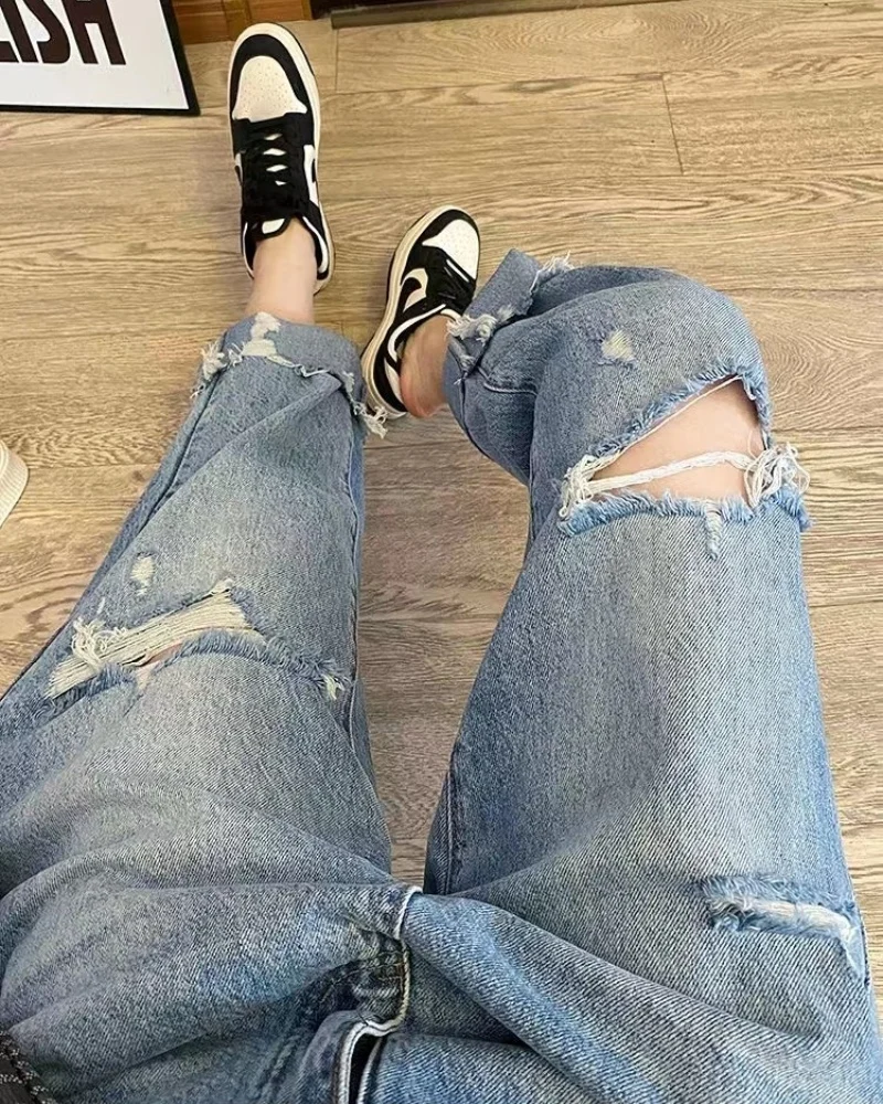 

Джинсы Harajuku больших размеров, женские свободные утягивающие брюки из девяти предметов с высокой талией, рваные джинсовые модные летние длинные брюки