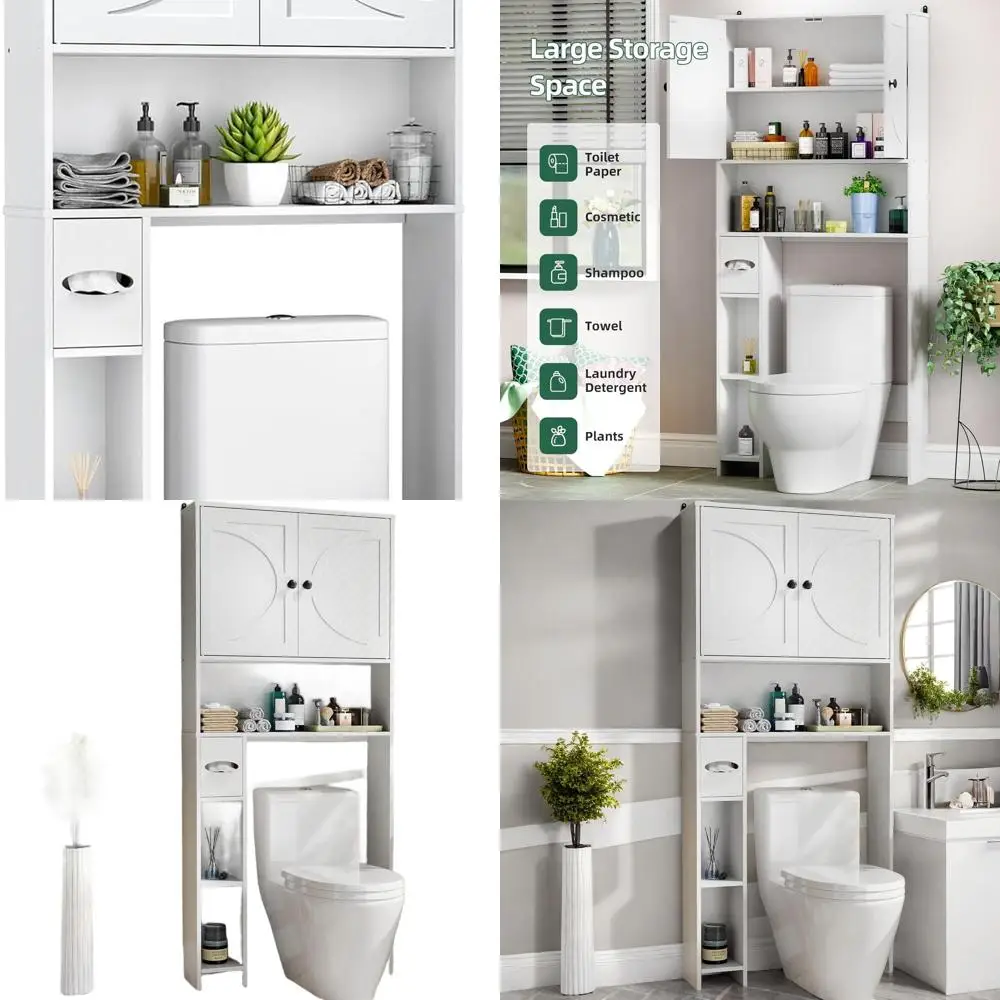 

White Farmhouse Style Over-the-Toilet Storage Cabinet with Adjustable Shelves and Paper Holder for Compact Spaces