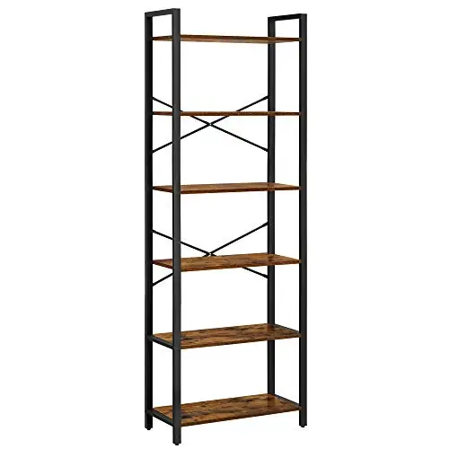 Boekenplank, 6-Tier Stalen Frame Boekenkast, Hoge Rustieke Planken Voor Woonkamer, Kantoor, Studie,