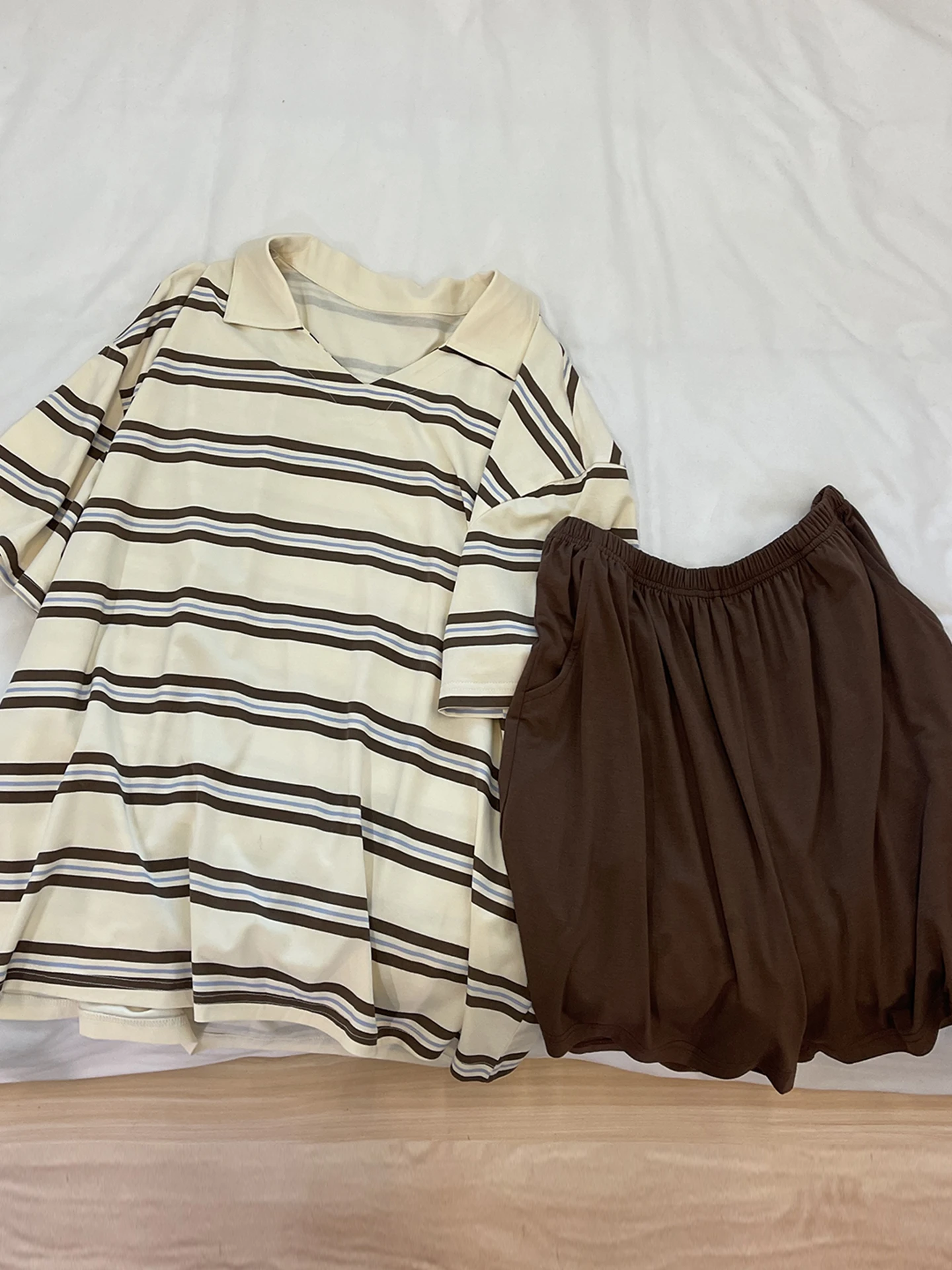 Summer Sleepwear Women's Short Sleeve Brown Stripes Large Size Shorts Outwear Set Home Clothes Cotton Sweet Style Home Scene