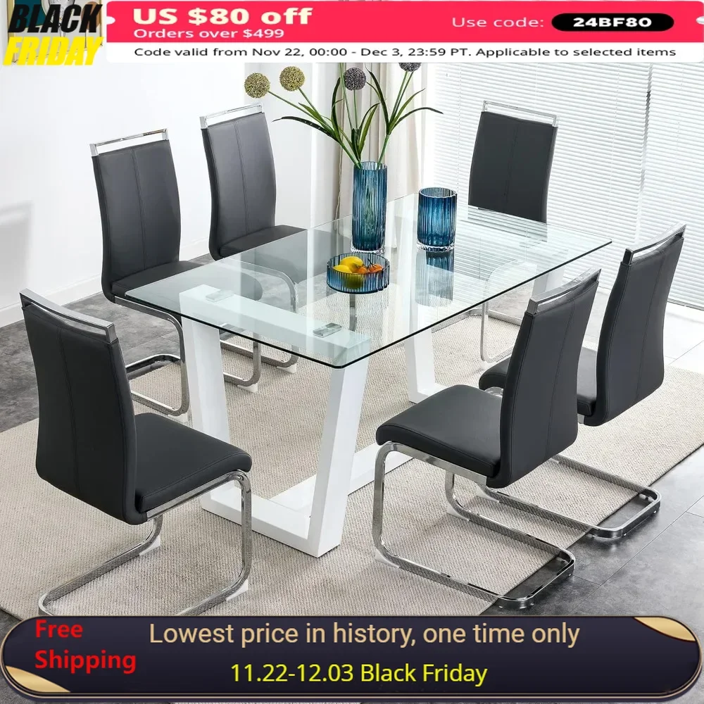 Dining Table Set ,7 Piece Dining Tables Sets, 6 PU Leather Dinings Chairs, Tables and Chairs Set of 6, Modern Kitchen Table Sets