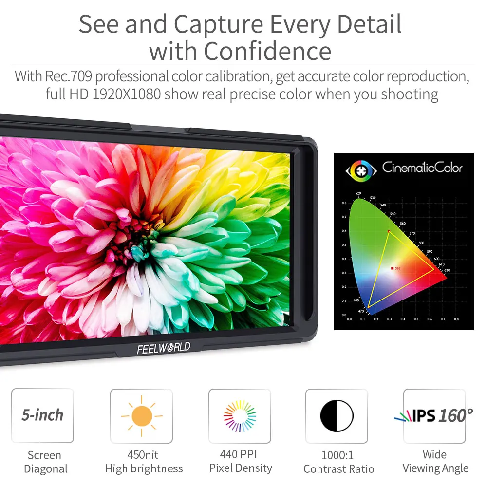 Feel world F5 5 بوصة DSLR على كاميرا جهاز المراقبة الميدانية الصغيرة كامل HD IPS 1920x1080 فيديو مساعدة 8.4 فولت تيار مستمر المدخلات الناتج تشمل الميل الذراع