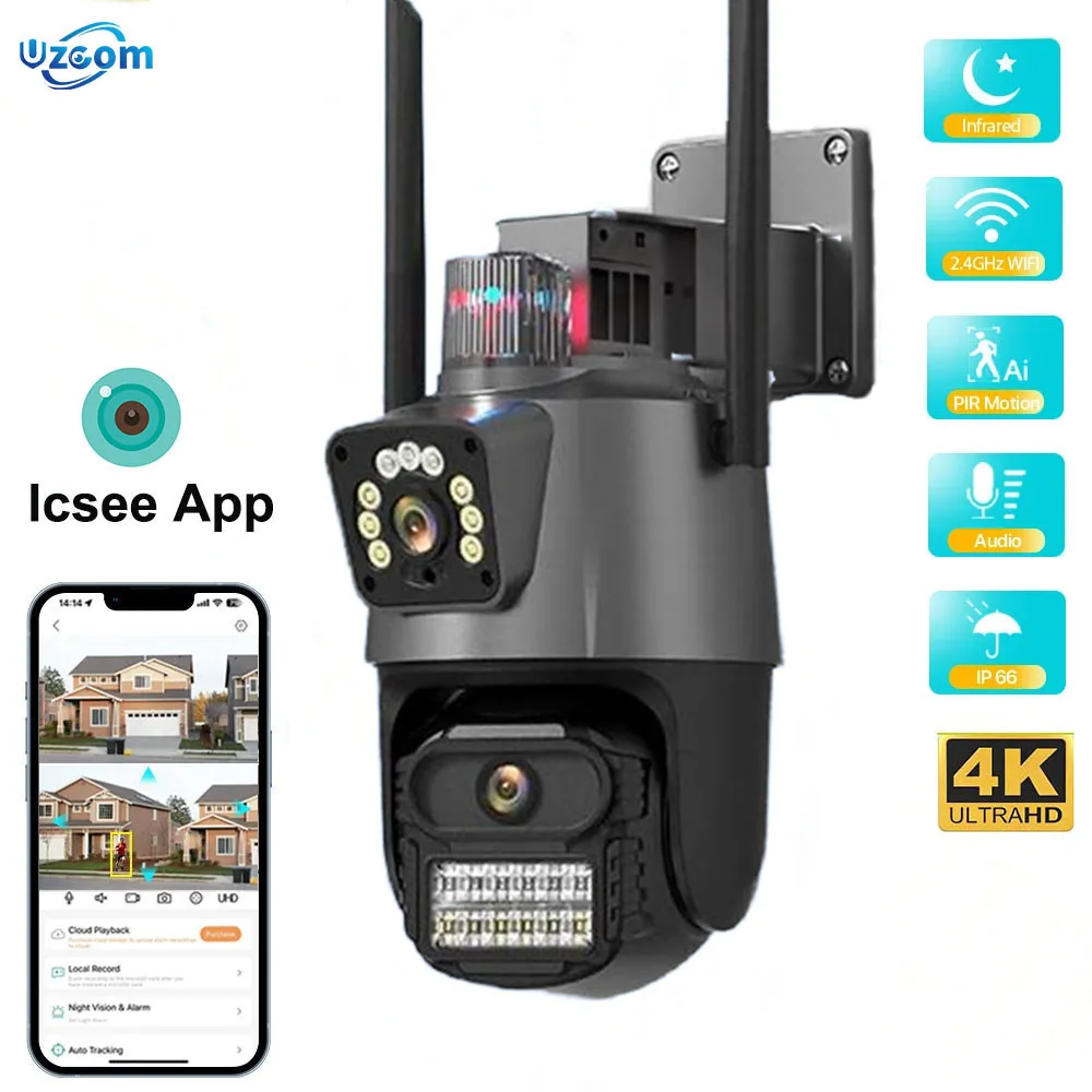 

Uzoom 4K PTZ WiFi Camera with Dual Screen Color Night Vision 8MP Outdoor Security IP Camera CCTV Surveillance Camera ICSEE APP