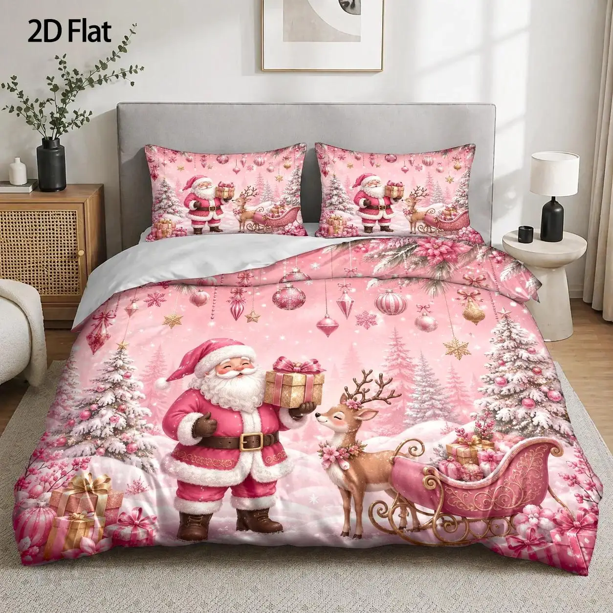 Pink Santa Claus Reindeer Duvet Cover Set 3 Piece Double Bed Polyester Breathable Invisible Zipper Duvet Cover 2 Pillowcases Student Dorm