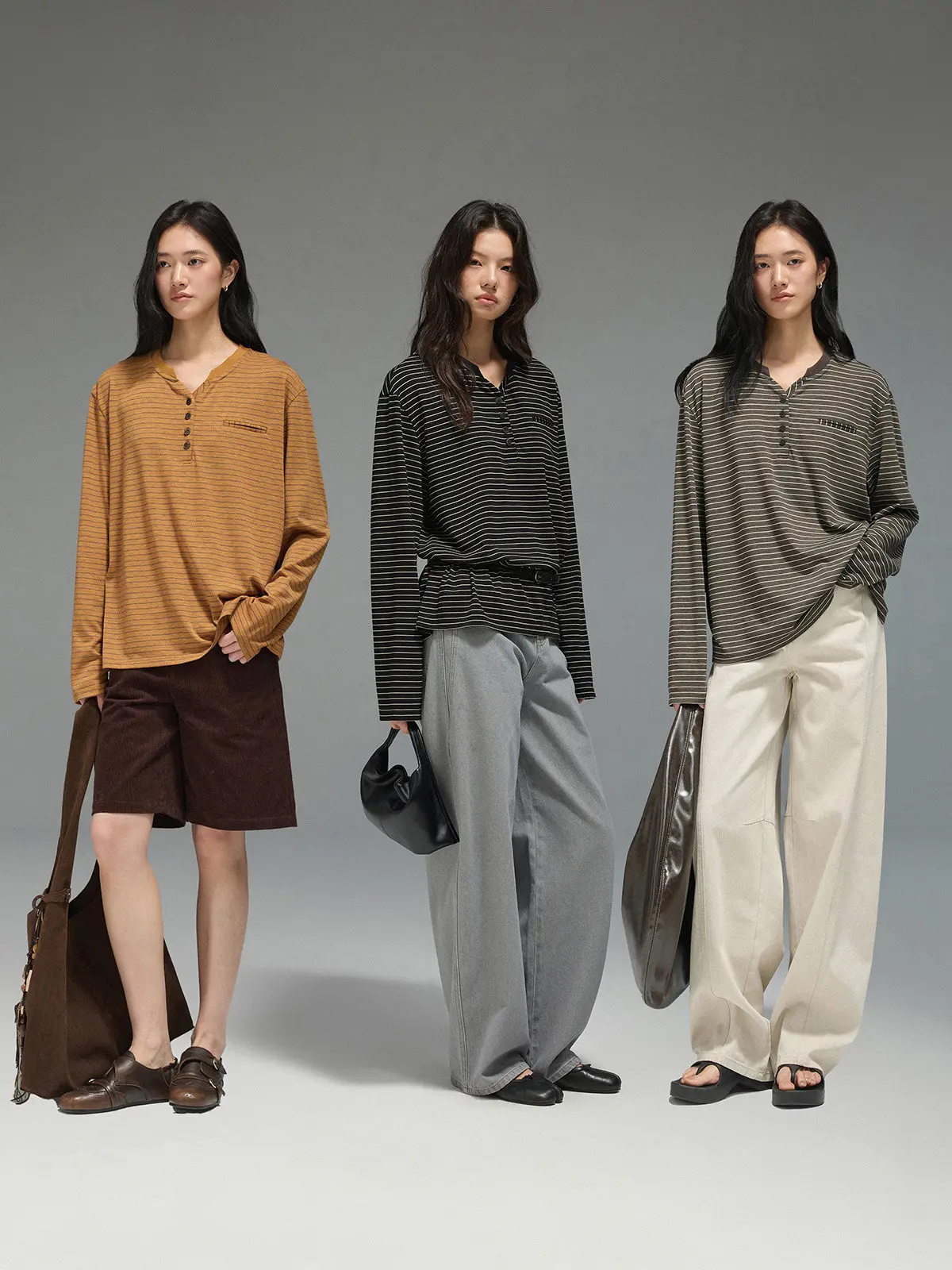 

JUSLIN Long Sve T-irt Loose Fit Henry Collar Small V Ne Drapey Striped Color Blo Versatile Women's Spring Faion