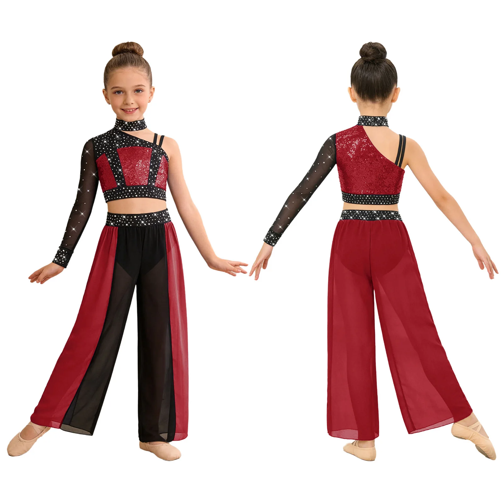 Kids Girls Lyrical Dance Outfit Asymmetrical Mesh Long Sleeve Shiny Rhinestones Sequins Crop Top with Split Flowy Chiffon Pants image 3