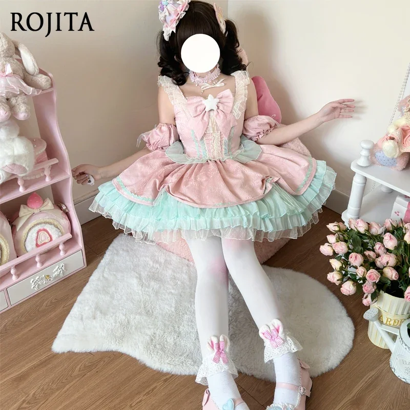 

Summer Lolita Sweet Jsk Suspender Dress Kawaii Girls High Waist Slimming Sleeveless Lace Short Dresses Pink Jsk + Hand Sleeve
