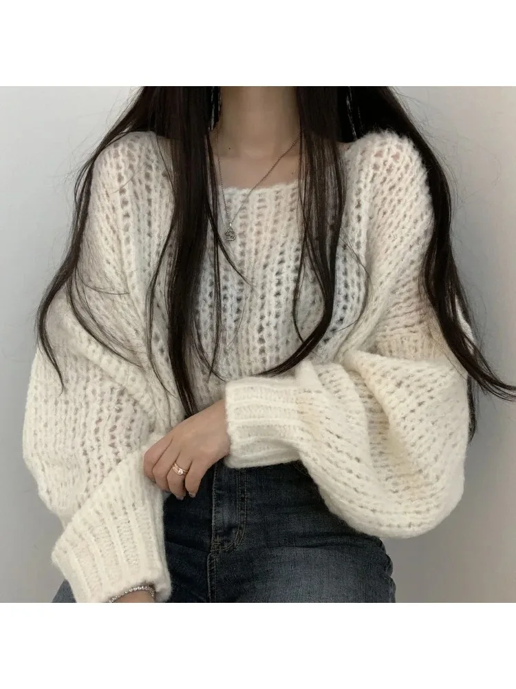 Dolce maglione autunnale lavorato a maglia con design scavato, pullover ampio da donna, top casual lavorato a maglia a maniche lunghe con scollo tondo