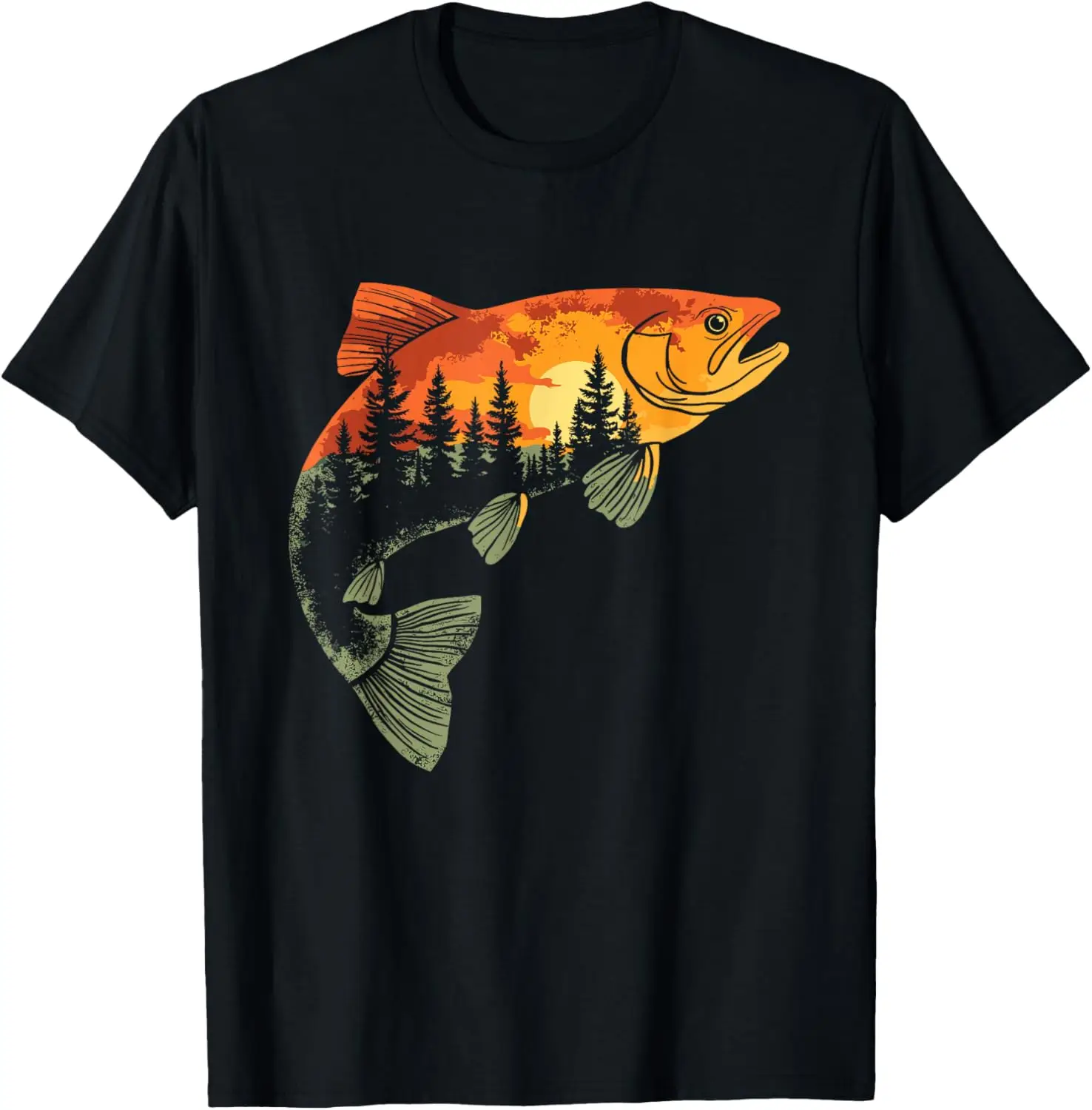

Trout Sunset Forest Graphic Tee Cotton Breathable Short Sleeve Round Neck T-Shirt for Men Trip