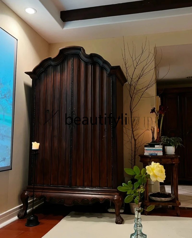 

Solid wood carved double door wardrobe simple neoclassical wardrobe locker decorative cabinet