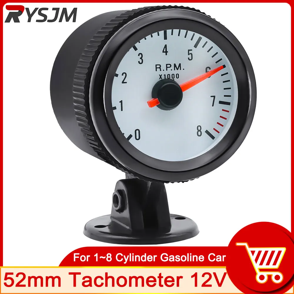 

52mm RPM Meter Tachometer + Gauge Holder Blue LED Tacho Gauge 0-8000 RPM Black for 1-8 Cylinder Gasoline Engine Car Gauge 12V