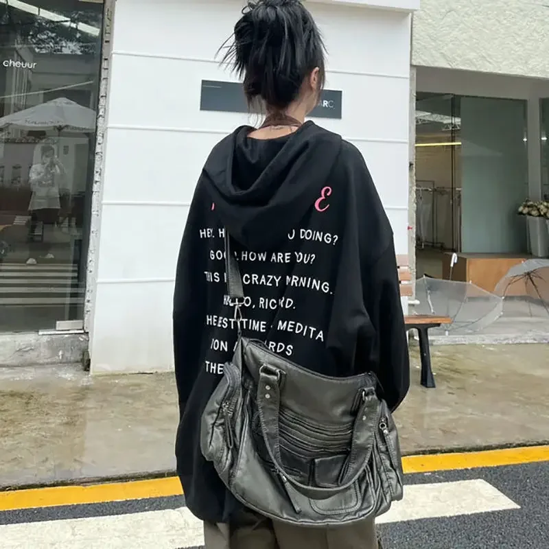 Text Tops Black Baggy Loose Female Clothes Hoodies Sweatshirts For Women Hooded Letter Printing Graphic Offer Korean Style M E