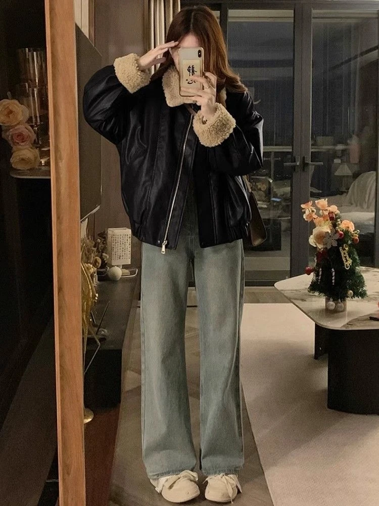 Autumn Winter Loose Lamb Fur Spliced PU Leather Jaet Women's Retro Collar Biker Sle Inteated Leather And Fur Top