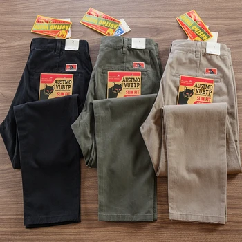 2025 Spring Autumn New American Retro Twill Woven Driving Pants Men's Simple 100% Cotton Washed Chino Straight Casual Trousers 2