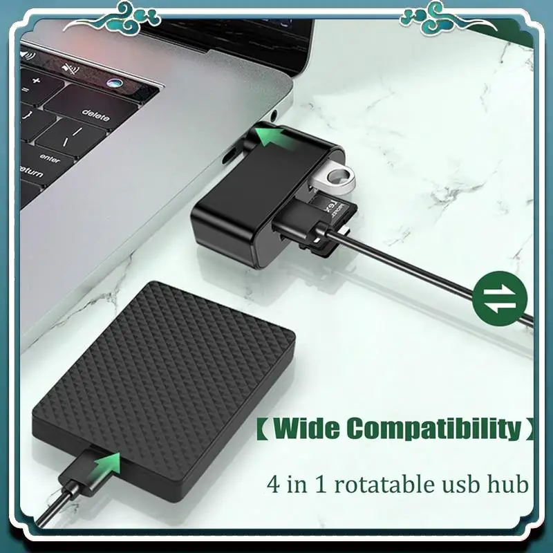 Hub USB Dapat Diputar 4 In 1 Premium, Hub Laptop, Hub USB Putar 180 Derajat Portabel, Stasiun Dok Hub USB (Hitam+Putih)