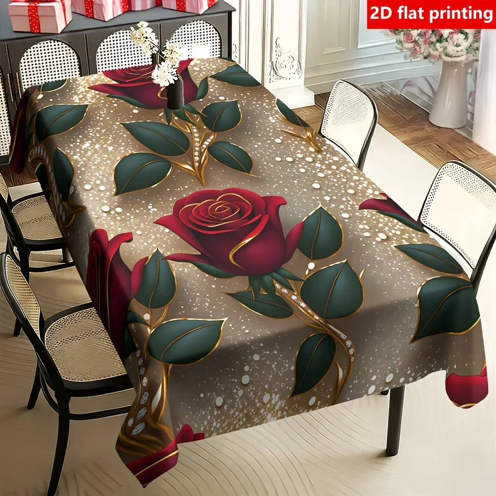 Tischdecken, 2D-Flachdruck, 1 Stück mit rotem Rosenmuster | Luxuriöses Golddesign – Detail 1