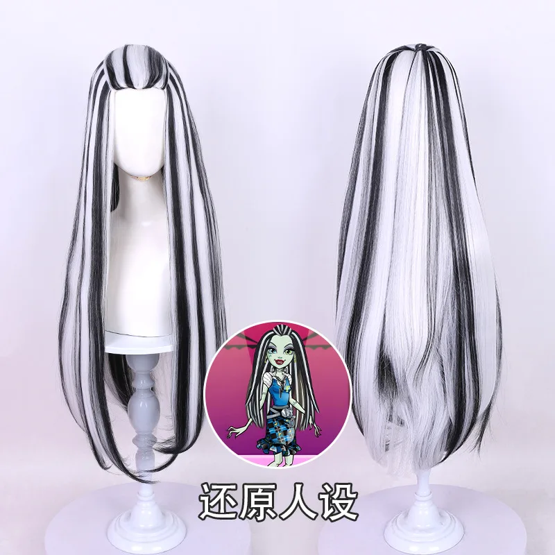 Anime New Frankie Stein Cosplay Wig Role Play Black White Hair Cosplay Wig for Halloween Carnival Party Synthetic Wig