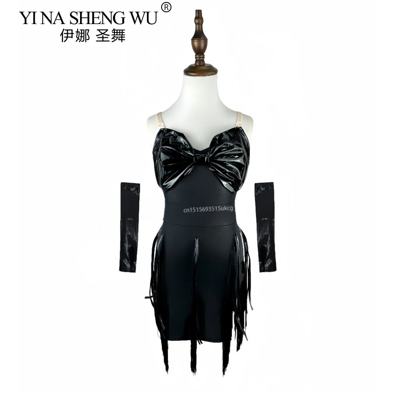 Traje de baile latino con tirantes y flecos, mono de baile latino con lazo negro en el pecho, ropa de práctica de baile de Samba para niñas con flores