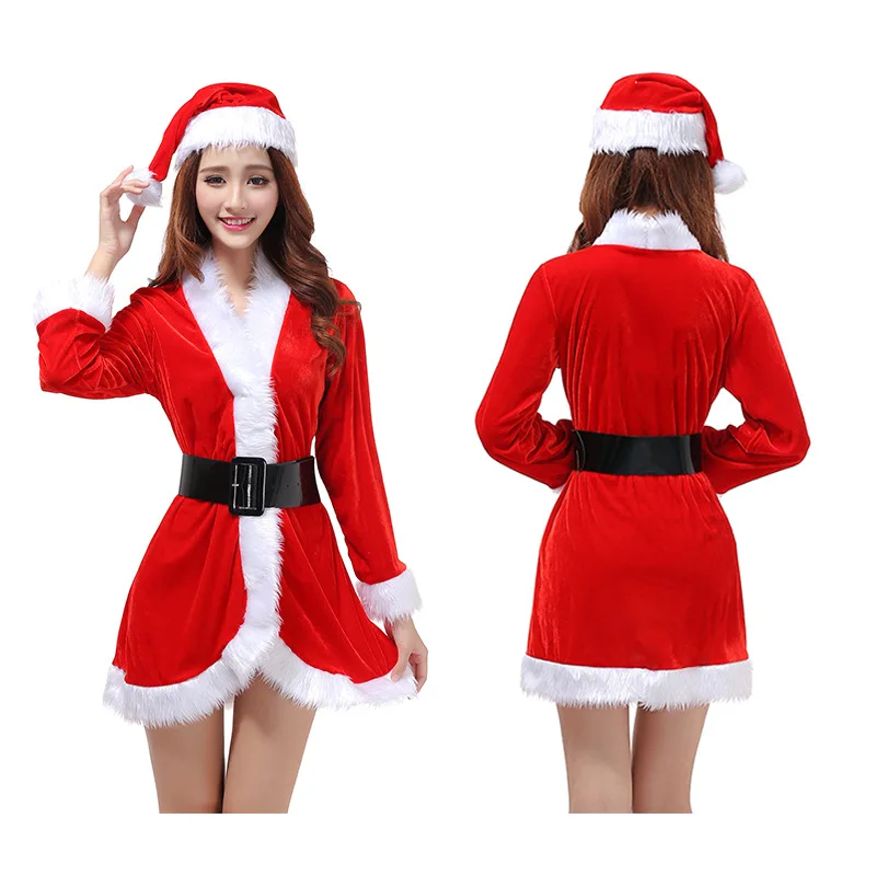 

Christmas Female Santa Claus Cosplay Women Suit Costumes Adults Lady Slim Fit Hooded Sexy Velvet Xmas Party Fancy Dress