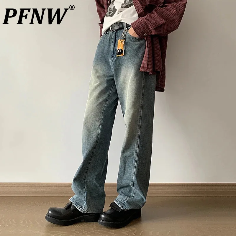 PFNW Menswear Autumn Vintage Washed Blue Wide Leg Straight Jeans Diagonal Side Design Loose Denim Long Pants Tide  A228/K653/P78