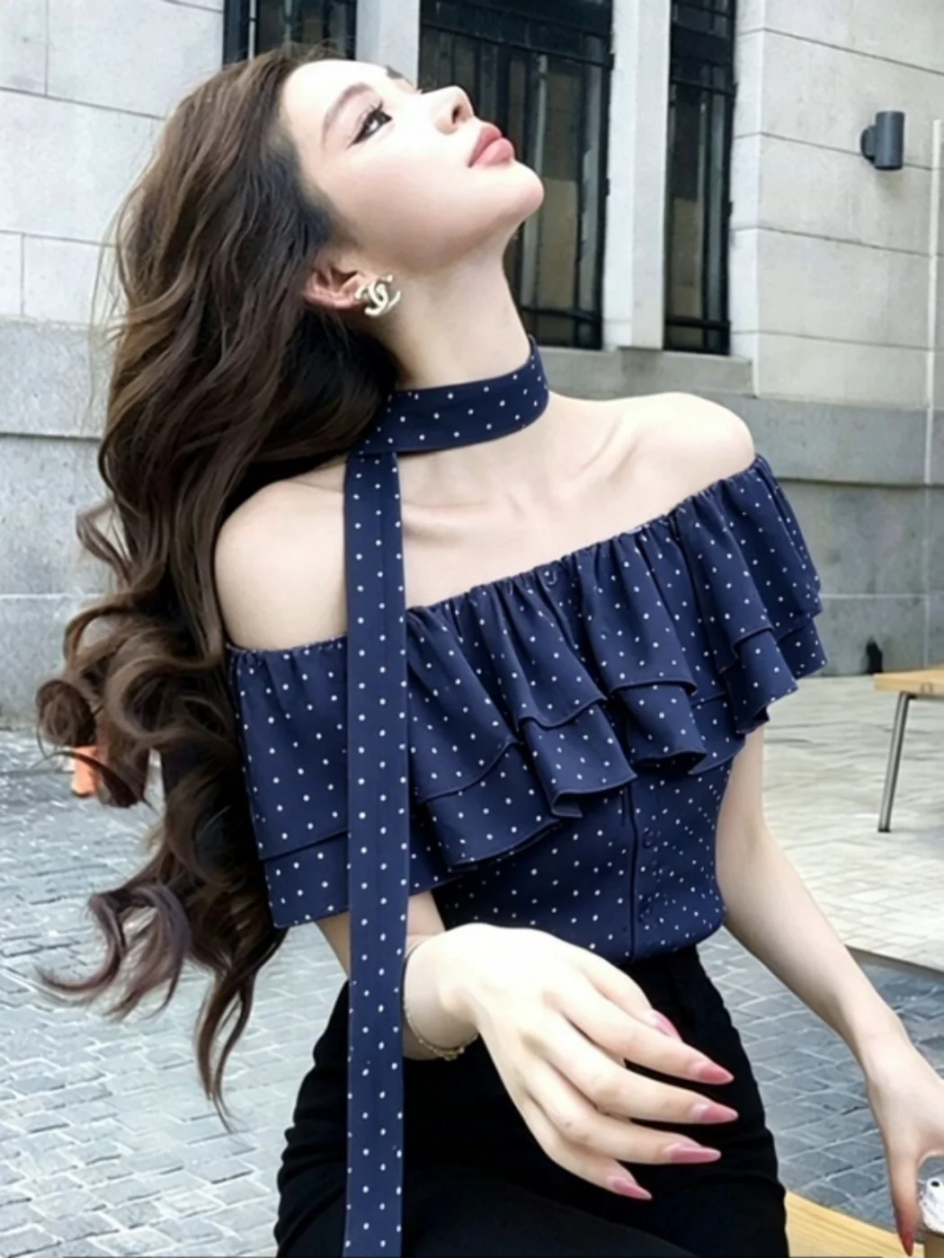 

Summer 2026 Polka Dot Bow Tie One Shoulder Blouse Elegant Ladylike Pleated Short Sleeve Knitted Slim Fit Casual Style Girl's Top