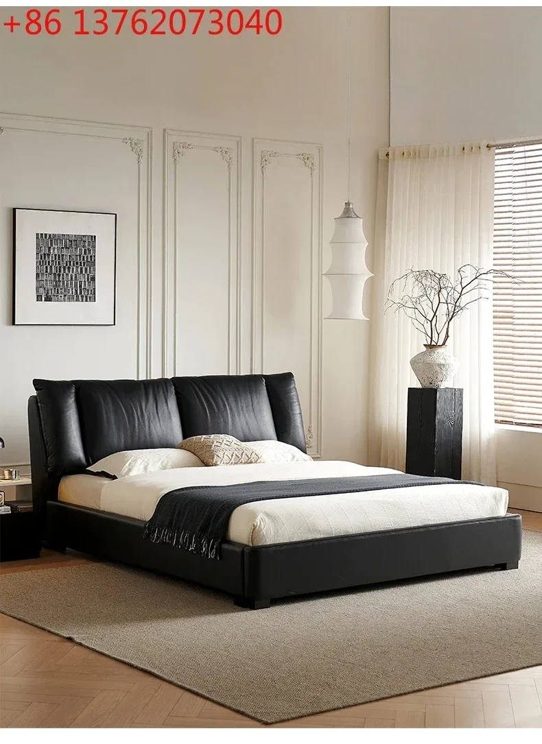 French antique bed master bedroom first layer cowhide sailing bedroom black leather bed modern simple wind