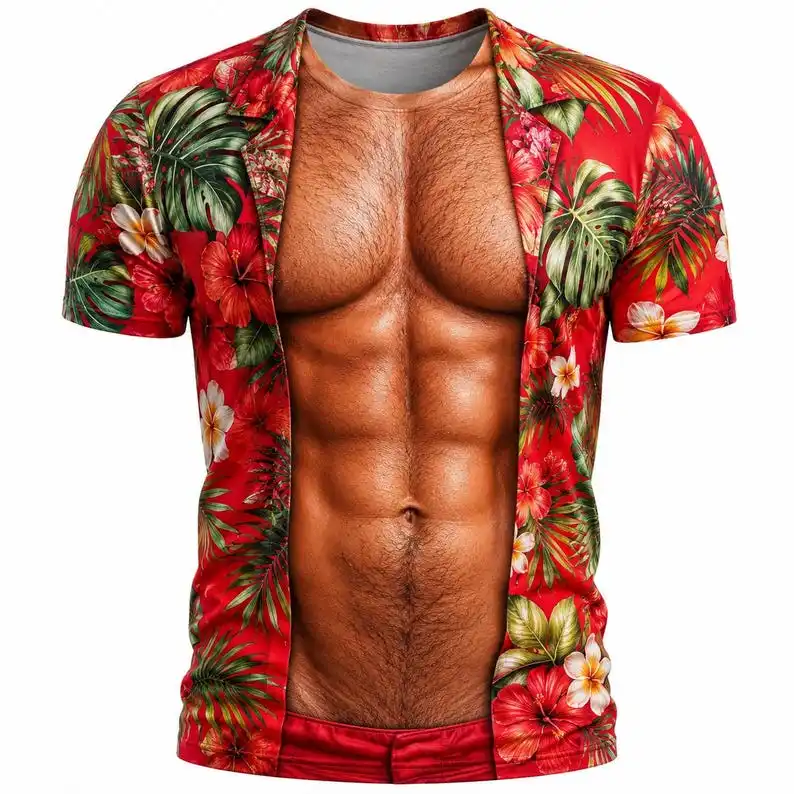 Lustiges Cartoon-Muskel-Print T-Shirt, personalisiertes Hawaii-Hemd, Illusions-T-Shirt, Fake-Open-Brust-Muster, Sommerparty-Geschenk – Detail 4