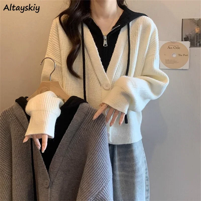 

Hooded Sweaters Women Fake Two Pieces Keep Warm Zipper Knitted Cardigan Outwear Korean Style All-match Designed Stylish Winter