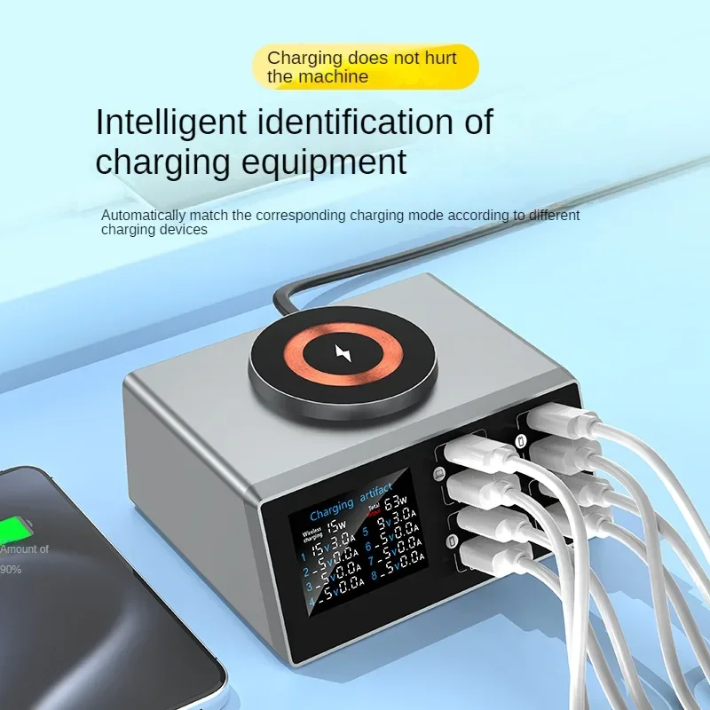 Многопортовое зарядное устройство мощностью 140 Вт с цифровым дисплеем, PD+QC и настольной магнитной беспроводной зарядкой для телефонов и ноутбуков