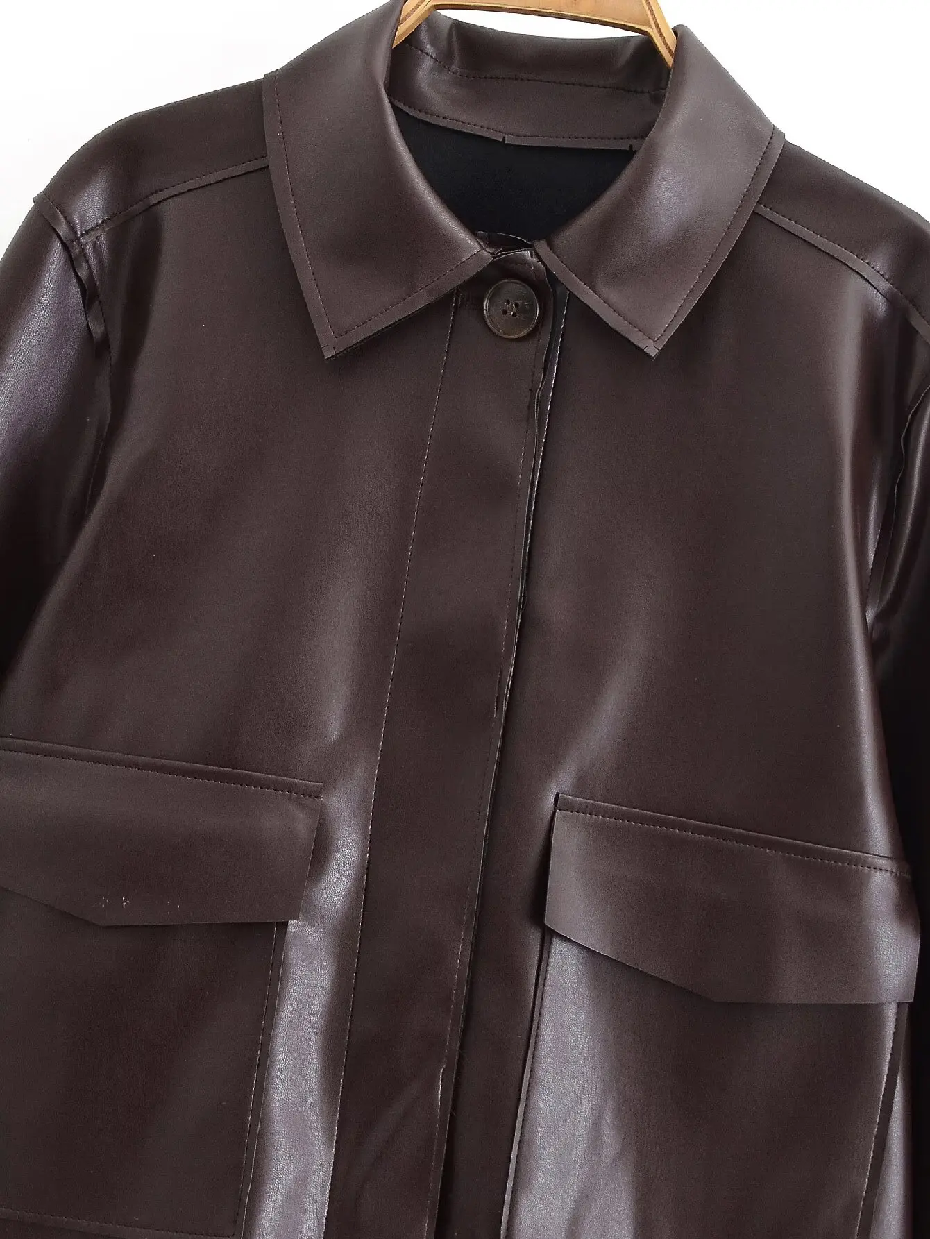 Jaket Kulit Imitasi Pendek Desain Kerah Jas Wanita Model Retro Lengan Panjang Kancing Depan Mantel Wanita Atasan Keren