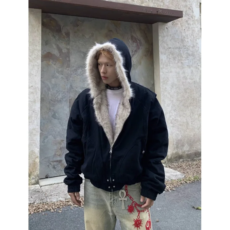 

Fur Collar Thick Plush Hooded Men's Jacket, Zip Up Baggy Coat,Unisex Padded Y2k Jackets for Man